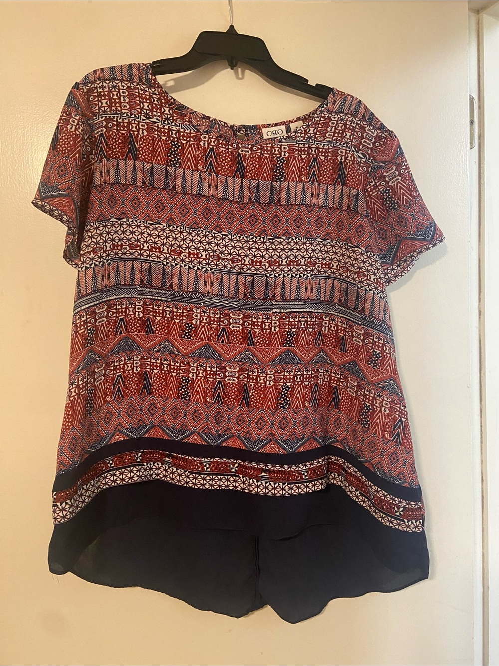 Cato Red and Navy Patterned Short Sleeve Blouse